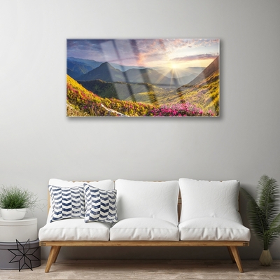 Image sur verre acrylique Montagnes prairie soleil paysage gris bleu jaune vert rouge