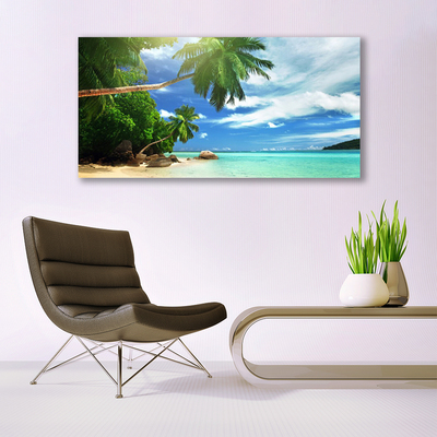 Image sur verre acrylique Palmiers plage mer paysage brun vert bleu