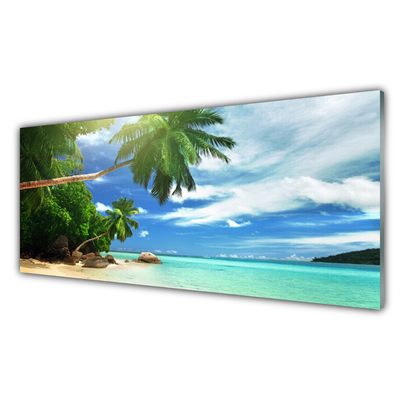 Image sur verre acrylique Palmiers plage mer paysage brun vert bleu