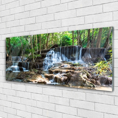 Image sur verre acrylique Forêt chute d'eau nature brun vert blanc