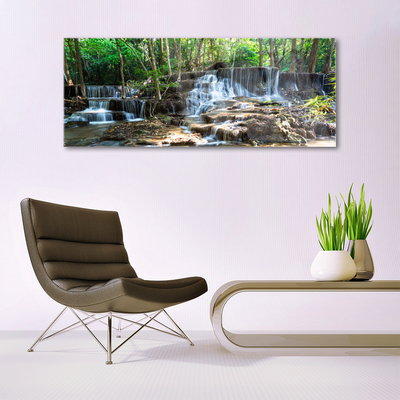 Image sur verre acrylique Forêt chute d'eau nature brun vert blanc
