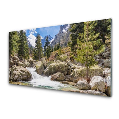 Image sur verre acrylique Montagnes forêt lac nature gris brun vert blanc