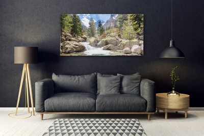 Image sur verre acrylique Montagnes forêt lac nature gris brun vert blanc
