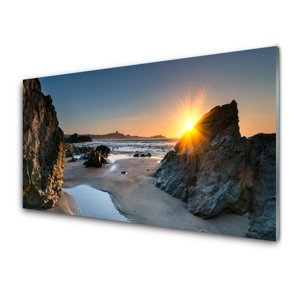 Image sur verre acrylique Soleil plage rocheuse paysage gris brun jaune