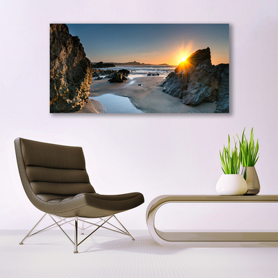 Image sur verre acrylique Soleil plage rocheuse paysage gris brun jaune