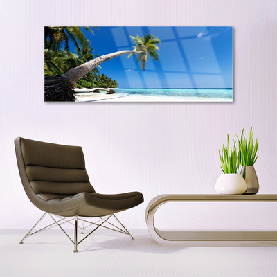 Image sur verre acrylique Mer plage palmier paysage brun vert bleu