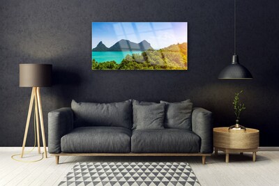 Image sur verre acrylique Montagnes arbres mer paysage gris bleu vert