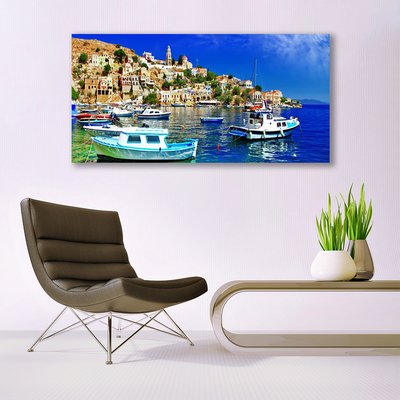 Image sur verre acrylique Bateaux ville mer paysage bleu blanc brun vert