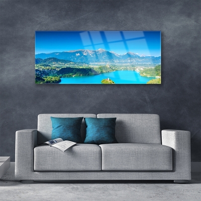 Image sur verre acrylique Montagne lac paysage gris bleu vert