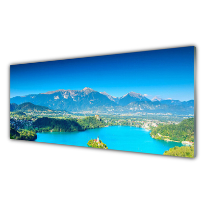 Image sur verre acrylique Montagne lac paysage gris bleu vert