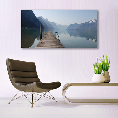 Image sur verre acrylique Montagne lac pont architecture gris vert brun