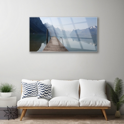 Image sur verre acrylique Montagne lac pont architecture gris vert brun