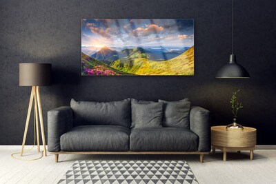 Image sur verre acrylique Montagne prairie paysage jaune gris bleu vert