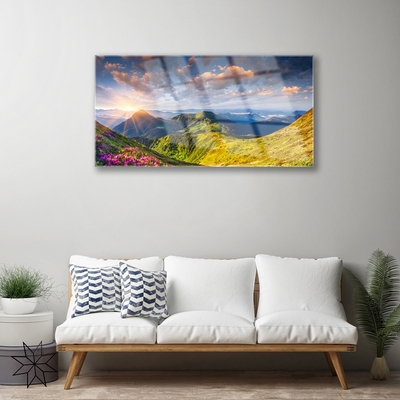 Image sur verre acrylique Montagne prairie paysage jaune gris bleu vert