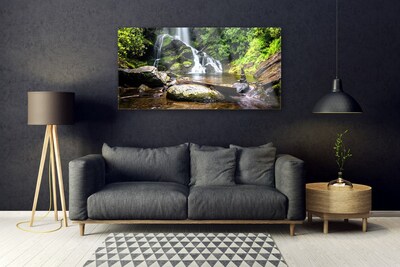 Image sur verre acrylique Cascade forêt pierre nature brun vert blanc