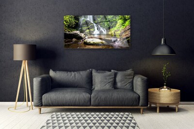Image sur verre acrylique Cascade forêt pierre nature brun vert blanc