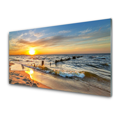Image sur verre acrylique Soleil mer plage paysage jaune bleu brun