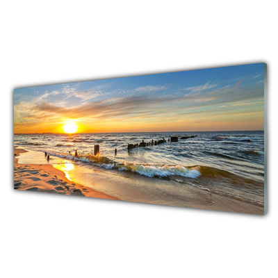 Image sur verre acrylique Soleil mer plage paysage jaune bleu brun
