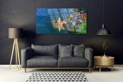 Image sur verre acrylique Mer ville paysage bleu jaune gris blanc