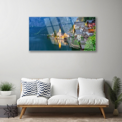 Image sur verre acrylique Mer ville paysage bleu jaune gris blanc