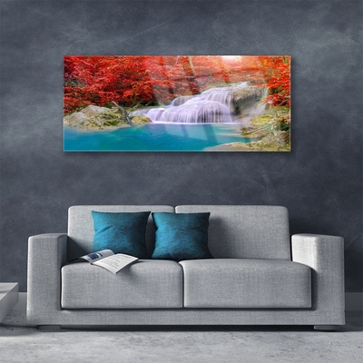Image sur verre acrylique Cascade lac forêt nature blanc bleu orange