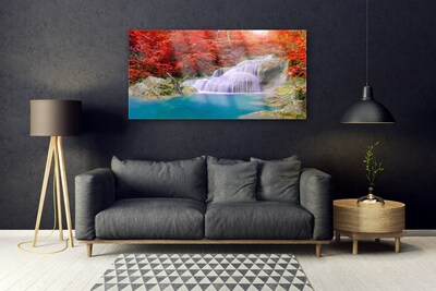 Image sur verre acrylique Cascade lac forêt nature blanc bleu orange