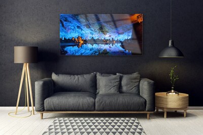 Image sur verre acrylique Montagne lac paysage bleu jaune
