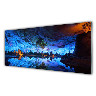Image sur verre acrylique Montagne lac paysage bleu jaune