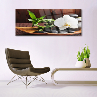 Image sur verre acrylique Pierres bambou fleurs art blanc vert noir