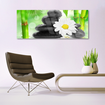 Image sur verre acrylique Bambou pierres fleurs art vert blanc noir