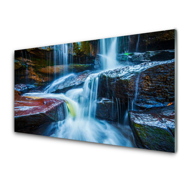 Image sur verre acrylique Rochers cascade paysage bleu gris brun