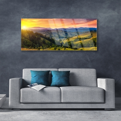 Image sur verre acrylique Montagne forêt prairie nature jaune bleu vert