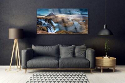 Image sur verre acrylique Montagne cascade paysage bleu gris vert blanc