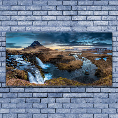 Image sur verre acrylique Montagne cascade paysage bleu gris vert blanc