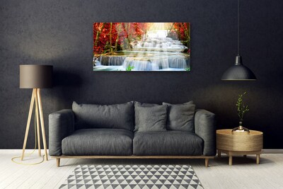 Image sur verre acrylique Forêt chute d'eau nature vert orange bleu blanc