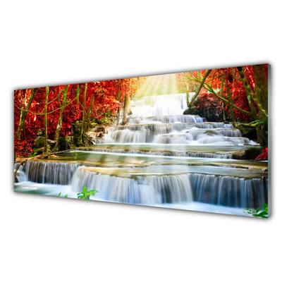 Image sur verre acrylique Forêt chute d'eau nature vert orange bleu blanc