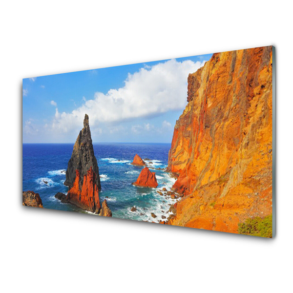 Image sur verre acrylique Rochers mer paysage jaune gris brun bleu