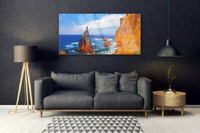 Image sur verre acrylique Rochers mer paysage jaune gris brun bleu