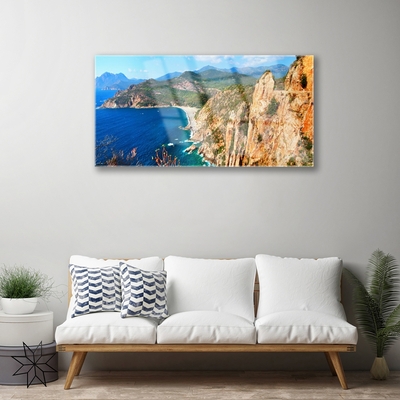 Image sur verre acrylique Montagnes mer paysage jaune gris bleu vert