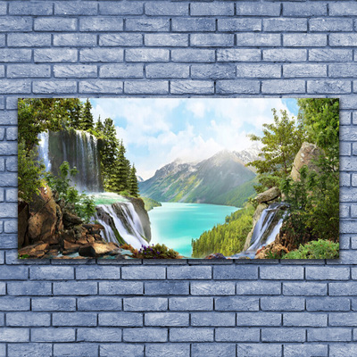 Image sur verre acrylique Cascade montagne baie nature gris bleu vert brun