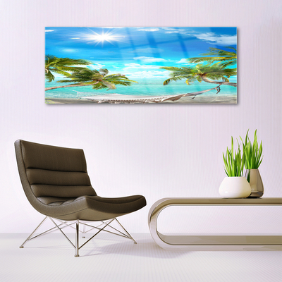 Image sur verre acrylique Palmiers hamac paysage blanc bleu brun blanc