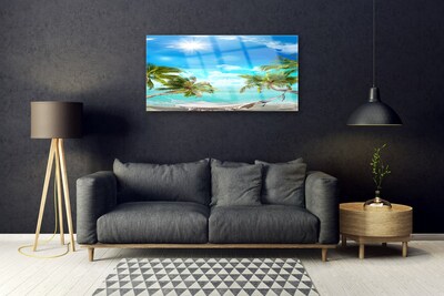 Image sur verre acrylique Palmiers hamac paysage blanc bleu brun blanc