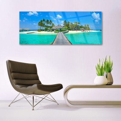Image sur verre acrylique Mer plage pont paume architecture brun vert gris bleu