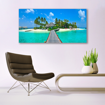 Image sur verre acrylique Mer plage pont paume architecture brun vert gris bleu