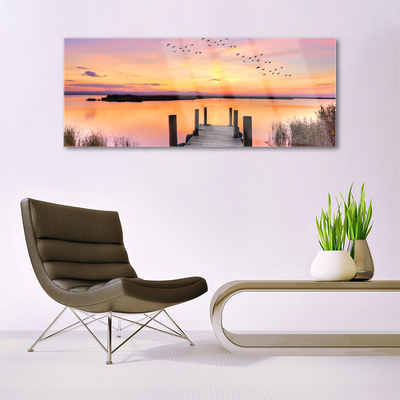 Image sur verre acrylique Pont mer paysage jaune rose gris