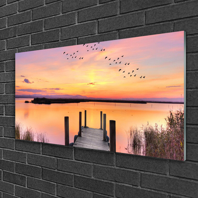 Image sur verre acrylique Pont mer paysage jaune rose gris
