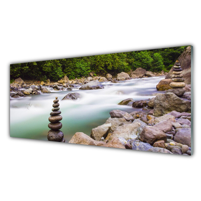 Image sur verre acrylique Forêt pierres lac paysage vert blanc gris brun