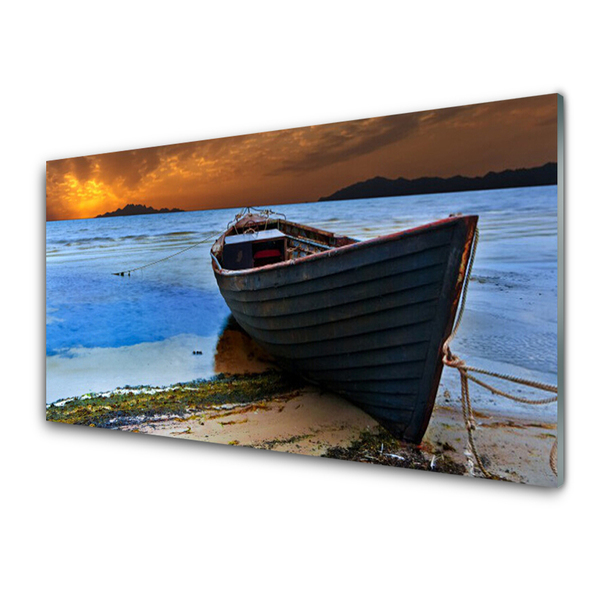 Image sur verre acrylique Mer bateau plage paysage vert brun gris bleu