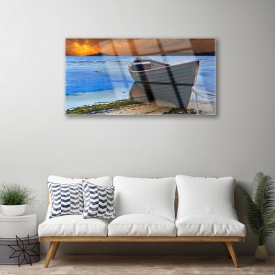 Image sur verre acrylique Mer bateau plage paysage vert brun gris bleu