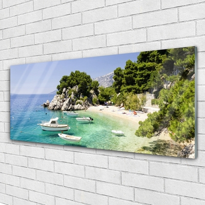 Image sur verre acrylique Mer rochers plage bateau paysage bleu blanc vert gris